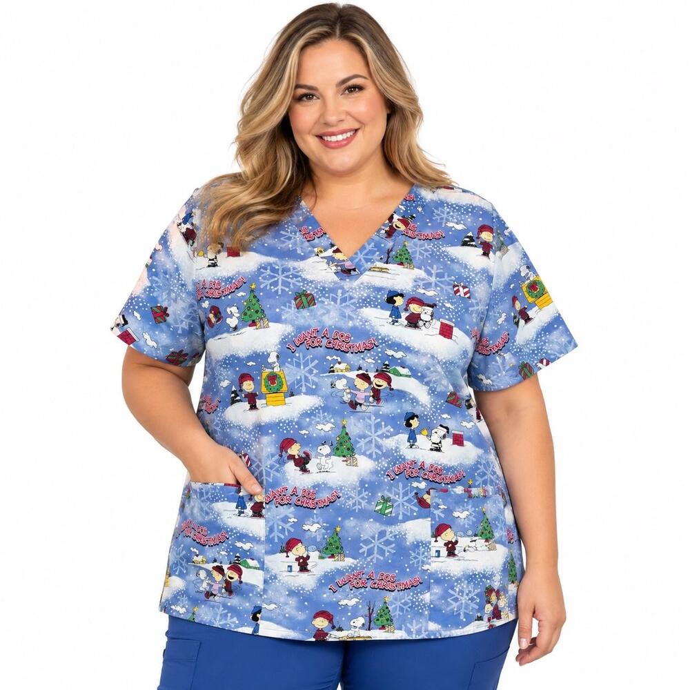 Peanuts Blouse Womens 2X Blue Snoopy Christmas Holiday V Neck Scrub Top